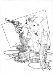 1girls arm_support belt breasts chaps cowboy_hat dark_horse elbow_gloves female female_only gloves gun gun_holster hat holding_object holding_weapon human jason_baroody lasso long_hair looking_at_viewer monochrome nancy_callahan nipples pose pussy revolver rope sin_city solo solo_female tagme topless