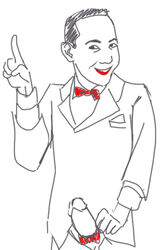 bowtie erection grin kristal male_only number_one_gesture open_fly paul_reubens pee-wee's_playhouse pee-wee_herman penis_out thick_penis tied_penis