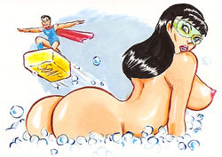 1boy 1girls ass big_ass black_hair breasts bubble_bath dat_ass dc dc_comics doll_man female green-tinted_eyewear humor joe_gravel large_breasts larger_female miniboy nipples nude nude_female phantom_lady_(dc) shrunk size_difference sketch_card smaller_male soap tinted_eyewear visor visor_(eyewear) visor_glasses