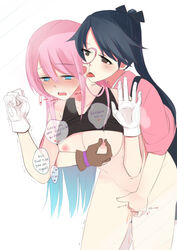 2girls blue_eyes blush bottomless breasts dialogue ear_licking english_text female female_admiral_(kantai_collection) fingering gloves hinagi_(fox_priest) houshou_(kantai_collection) japanese_clothes kantai_collection licking long_hair multiple_girls nagano_hinata nipple_tweak pink_hair text yuri