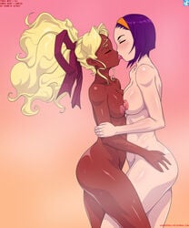 2girls alpakey arm arm_grab arms asymmetrical_docking bare_arms bare_legs bare_shoulders blue_hair blush breast_press breasts chocolate_and_vanilla cleavage closed_eyes collarbone cowboy_bebop crossover dark-skinned_female dark_skin faye_valentine female female_only french_kiss gradient gradient_background hair_ribbon hairband hand_on_another's_hip hand_on_hip hug human interracial interracial_yuri kissing large_breasts legs long_hair medium_breasts mihoshi_kuramitsu multiple_girls mutual_yuri neck nipples nude open_mouth orange_background orange_hairband pink_background ponytail purple_ribbon ribbon romantic shiny shiny_hair shiny_skin short_hair standing steam sweat tenchi_muyo! tongue tongue_out yuri