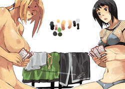 2010 2girls black_hair blonde_hair blush bra breasts card cards faustsketcher female female_only holding holding_card huge_breasts human lingerie multiple_females multiple_girls naruto navel nipples nude panties shizune short_hair sketcher2007 strip_poker tsunade underwear watermark web_address