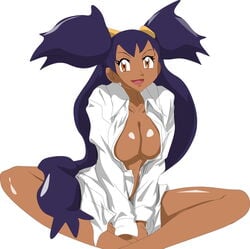 alluring cleavage dark-skinned_female dark_skin fallere825 female female_only human iris_(pokemon) naked_from_the_waist_down open_clothes open_shirt pokemon shirt sitting solo