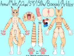 absurd_res animal_genitalia anrew_(raevi10) anthro anus ass domestic_cat felid feline felis fully_sheathed genitals heterochromia hi_res humanoid_genitalia hybrid lynx male mammal penis raevi10 sheath striped_body stripes