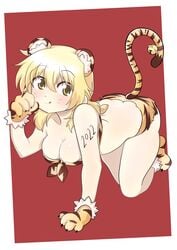 absurdres all_fours animal_ears animal_print ass blonde_female blonde_hair blush breasts brown_eyes cleavage commission commissioner_upload dard_drak fake_animal_ears fake_tail female female_only hidamari_sketch highres long_hair looking_at_viewer miyako new_year object_insertion red_background smile solo tail tiger_ears tiger_print tiger_tail year_of_the_tiger