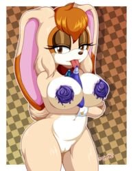 2021 anthro big_breasts border breasts eyelashes female genitals hair hi_res lagomorph leporid long_ears looking_at_viewer mammal mrdeepay pattern_background pussy rabbit sega simple_background solo sonic_(series) sonic_the_hedgehog_(series) vanilla_the_rabbit white_border