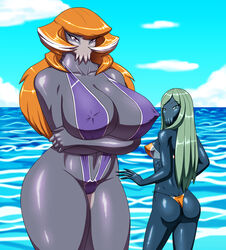 2021 alien alyssa_(tactics) ass beach big_breasts bikini blue_skin cassiopeia_(fred_perry) crovirus female hi_res highres humanoid larger_female long_hair looking_at_viewer looking_back nipple_bulge no_mouth orange_hair side-tie_bikini size_difference sling_bikini smaller_female swimsuit tactics_elemental thick_thighs video_games watermark