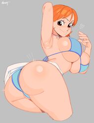 1girls alternate_breast_size armpits ass big_ass big_breasts bikini breasts bubble_butt female female_only grey_background huge_breasts large_breasts nami nezulet one_piece orange_eyes orange_hair pre-timeskip shiny_skin short_hair smile solo thick_thighs thighs thighs_together underboob