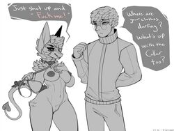 anthro areola blush breasts claweddrip claws clothed clothing collar dragon duo eyewear female fur furred_dragon genitals glasses hair heart_tail hi_res human human_on_anthro interspecies leash leash_pull male male/female mammal monochrome nipples nude pussy simple_background text