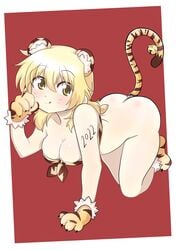 absurdres all_fours anal anal_object_insertion anal_tail animal_ears animal_print ass blonde_female blonde_hair blush bottomless breasts brown_eyes cleavage commission commissioner_upload dard_drak fake_animal_ears fake_tail female female_only hidamari_sketch highres long_hair looking_at_viewer miyako new_year object_insertion red_background smile solo tail tiger_ears tiger_print tiger_tail tongue tongue_out year_of_the_tiger