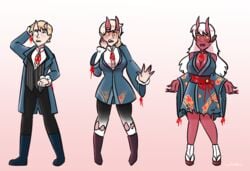 ass_expansion breast_expansion breasts cleavage corruption eye_color_change fangs female hair_color_change hair_growth horns inkyfluffdraws kimono large_breasts oni red_skin ripped_clothing skin_color_change species_transformation thighs transformation transformation_sequence