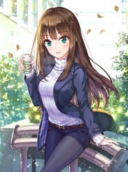 :d aqua_eyes arm_at_side autumn autumn_leaves backlighting bangs belt belt_buckle blue_jacket blue_pants blue_shorts blush breasts breath brown_hair casual casual_clothes coffee_cup cowboy_shot cup cursive cute day denim disposable_cup drink eyebrows_visible_through_hair falling_leaves female female_only fingernails green_eyes grey_sweater hair_over_shoulder hand_up head_tilt hhama high_resolution holding_cup holding_drink idolmaster idolmaster_cinderella_girls jacket jeans leaning_back lens_flare light_background long_fingernails long_hair long_sleeves looking_at_viewer medium_breasts open-mouth_smile open_clothes open_jacket open_mouth outdoors outside pants pantyhose paper_cup pixiv_id_1128428 plant ribbed_sweater sfw sharp_nails shibuya_rin sidelocks sleeves_past_wrists smile solo sparkle standing steam sweater thighs turtleneck turtleneck_sweater white_sweater