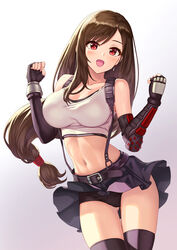 arm_guards armor bangs bare_shoulders belt black_legwear black_panties black_skirt black_underwear blush breasts brown_hair cameltoe clavicle cleavage clenched_hands cowboy_shot earrings elbow_gloves eyebrows_visible_through_hair female final_fantasy final_fantasy_vii final_fantasy_vii_remake fingerless_gloves gloves gluteal_fold gradient gradient_background hamahama hands_up hhama high_resolution jewelry large_breasts long_hair looking_at_viewer low-tied_long_hair midriff miniskirt navel open_mouth panties pantsu red_eyes shiny shiny_hair simple_background skirt smile solo stomach suspender_skirt suspenders tank_top teardrop_earring thighhighs thighs tied_hair tifa_lockhart underwear white_background