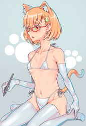 animal_ear_fluff animal_ears bikini cat_ears cat_tail collarbone covering_nipples elbow_gloves female female flat_chest glasses gloves hair_ornament highres holding holding_stylus indie_virtual_youtuber kaga_kasama kasai_itsuki micro_bikini open_mouth orange_eyes orange_hair red-framed_eyewear side-tie_bikini sitting solo stylus swimsuit tail thighhighs triangle_hair_ornament virtual_youtuber wariza white_bikini white_gloves white_legwear