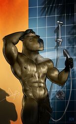 5_fingers abs anthro balls bgn biceps brown_balls brown_body brown_fur brown_penis capybara caviid closed_eyes fingers flaccid fur genitals hair hi_res male male_only mammal nipples nude pecs penis rodent shower showering solo wet