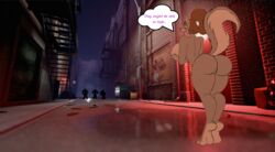 alleyway brown_hair chloe_shiwulf claws feet female furry grey_fur nude purple_eyes thick_thighs toe_claws toes wolf zp92