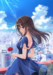 aqua_eyes back bangs bare_back blue_dress breasts brown_hair building city cityscape cloud dress earrings female flower flowing_hair green_eyes happy holding holding_flower idolmaster idolmaster_cinderella_girls jewelry lens_flare long_hair looking_at_viewer looking_back medium_breasts open_mouth outdoors petals piercing red_flower shibuya_(tokyo) shibuya_109 shibuya_rin short_sleeves sidelocks sky skyscraper solo sunbeam sunlight tamakaga valentine water wind