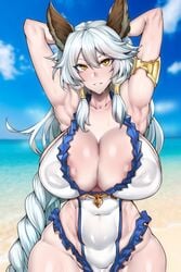 absurdres animal_ears areola_slip areolae armlet armpits arms_behind_head arms_up bangs bare_shoulders beach blue_sky blush braid breasts cat_ears cleavage collarbone covered_navel covered_nipples day erune female female gggg granblue_fantasy hair_between_eyes hair_tubes heles highres large_breasts long_hair looking_at_viewer ocean outdoors sand sidelocks silver_hair single_braid sky smile solo swimsuit very_long_hair water white_swimsuit yellow_eyes