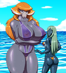 2021 alien alyssa_(tactics) ass beach big_breasts bikini blue_skin cassiopeia_(fred_perry) crovirus female hi_res highres humanoid larger_female long_hair looking_at_viewer looking_back nipple_bulge no_mouth orange_hair see-through see-through_swimsuit side-tie_bikini size_difference sling_bikini smaller_female tactics_elemental thick_thighs video_games water wet