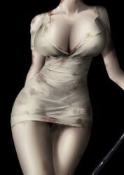 2d 2d_(artwork) an_yasuri big_breasts black_background blood blood_stain bubble_head_nurse cleavage female female_only head_out_of_frame hourglass_figure minidress nipple_bulge no_bra nurse nurse_(silent_hill) nurse_uniform pale-skinned_female pale_skin short_dress silent_hill solo stained_clothes tight_clothing wide_hips