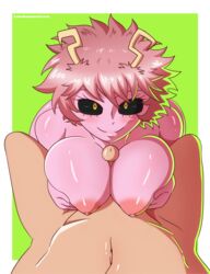 1boy 1girls areolae big_breasts black_sclera blush breasts eye_contact female horns huge_breasts laundrymom light-skinned_male light_skin looking_at_viewer male mina_ashido my_hero_academia nipples outercourse paizuri penis pink_hair pink_skin shiny_skin short_hair yellow_eyes