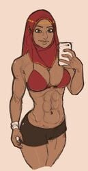 1girls 2d 5_fingers abs artist_request athletic athletic_female bottomwear boyshorts bra cleavage clothed clothed_female color colored coloured cowboy_shot dark-skinned_female dark_skin fit fit_female green_eyes headwear hijab human looking_at_viewer midriff mostly_nude muscle muscles muscular muscular_female muslim muslim_female phone polychrome pose posing selfie simple_background six_pack smartphone solo solo_female standing taking_picture taking_selfie topwear white_sclera wristband wristwear