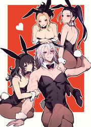 1boy 3girls alternate_costume ambush_(trap) big_breasts black_hair bunny_boy bunny_ears bunny_girl bunny_tail bunnysuit canon_couple cleavage crossdressing cute demon_slayer detached_collar female fishnets hair_down hinatsuru_(kimetsu_no_yaiba) husband_and_wife husband_and_wives iwatokko kimetsu_no_yaiba long_hair makio_(kimetsu_no_yaiba) male male_playboy_bunny married_couple mole_under_eye muscular_male pantyhose playboy_bunny ponytail red_background silver_hair sitting_on_person skin_tight suma_(kimetsu_no_yaiba) the_wives_(kimetsu_no_yaiba) two_tone_hair uzui_tengen wholesome wrist_cuffs