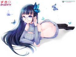 1girls absurdres aoi_nabi ass back backless_outfit bangs bare_shoulders blue_hair butterfly butterfly_hair_ornament center_opening earrings female glasses hair_ornament high_heels highres indie_virtual_youtuber jewelry long_hair lying necklace purple_eyes rhoarietis ribbon_earrings skindentation sleeveless sleeveless_sweater smile solo sweater thighhighs turtleneck very_long_hair virgin_killer_sweater virtual_youtuber