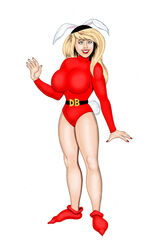 1girls athena_tremor blonde_hair blue_eyes bunny_ears bunny_girl bunny_tail dc dc_comics dumb_bunny female female_focus female_only hair hourglass_figure human human_only inferior_five large_breasts lipstick long_hair looking_to_the_side nail_polish posing rabbit_tail red_lipstick red_nail_polish skin_tight smile smiling solo solo_female solo_focus tennente thick_thighs thighs wavy_hair white_background