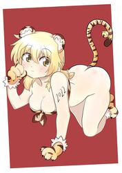 absurdres all_fours anal_object_insertion anal_tail animal_ears animal_print ass blonde_hair blush bottomless breasts brown_eyes cleavage commission commissioner_upload dard_drak fake_animal_ears fake_tail female hidamari_sketch highres long_hair looking_at_viewer miyako new_year red_background smile solo tail tiger_ears tiger_print tiger_tail tongue tongue_out year_of_the_tiger