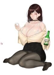 1girls alcohol alcoholic alcoholic_beverage alcoholic_drink artist_name artist_signature bare_shoulders bent_knees between_breasts big_breasts black_choker black_legwear black_microskirt black_miniskirt black_pantyhose black_skirt blank_background bottle bra bra_peek bra_strap breasts brown_hair bursting_breasts busty chief_nuna_(zcune) choker cleavage cup drinking drinking_alcohol drinking_glass drunk enormous_breasts exposed_bra exposed_breasts exposed_panties eyebrows_visible_through_hair eyeliner eyeshadow female female_focus female_only full_body hair_behind_ear hi_res high_resolution highres holding holding_bottle holding_cup huge_breasts korean_text liquid_between_breasts loose_clothes makeup massive_breasts microskirt miniskirt mixed-language_commentary mole mole_under_eye no_shoes office_clothing office_lady original panties panties_under_pantyhose pantyhose pantyshot pantyshot_(sitting) parted_lips partially_unbuttoned plain_background purse shirt shirt_tucked_in short_hair shot_glass shotglass simple_background sitting skirt solo solo_female thighs top_heavy torn_legwear torn_pantyhose translation_request under_influence underwear voluptuous wariza white_background white_bra white_panties yellow_eyes yellow_shirt zcune