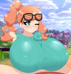 absurd_res bent_wrist big_breasts blue_clothing blue_eyes blush breast_play breasts clothing erect_nipples erection eyewear eyewear_on_head female glasses glasses_on_head hair heart hi_res huge_cock human male male/female mammal mistpirit nintendo nipples one_eye_closed orange_hair outercourse paizuri paizuri_under_clothes pokémon_trainer pokemon pokemon_ss ponytail red_clothing sex sonia_(pokemon) sweater topwear video_games