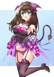 artist_name bare_shoulders black_dress black_footwear black_gloves black_panties black_underwear blue_eyes blush breasts brown_hair brown_legwear cleavage clothes_pull demon_tail detached_collar dress dress_lift dress_pull earrings female flower garter_straps gloves hair_flower hair_ornament hairband head_wings hhama high_heels high_resolution idolmaster idolmaster_cinderella_girls jewelry large_breasts leg_up legwear lingerie long_hair looking_at_viewer open_mouth pantsu pixiv_id_1128428 purple_ribbon ribbon sagisawa_fumika shoes solo standing standing_on_one_leg strapless strapless_dress succubus succubus_tail tail thighhighs two-tone_background underwear