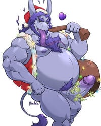 absurd_res anthro balls beard belly big_penis body_hair bottomless bovid caprine chest_hair christmas christmas_clothing christmas_headwear christmas_lights clothed clothing erection facial_hair genitals goat hair hat headgear headwear heart hi_res holidays horn kurgore long_tongue maldu male mammal mistletoe muscular muscular_anthro muscular_male nipples pecs penis plant pubes purple_body purple_hair purple_nipples sack santa_hat solo tongue tongue_out