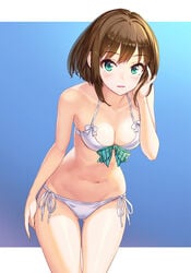 alternate_hair_length alternate_hairstyle bangs bare_shoulders bikini blush bow breasts brown_hair clavicle cleavage clothing exposed_shoulders female fingernails front-tie_top green_bow green_eyes hhama high_resolution hip_focus hips idolmaster idolmaster_cinderella_girls long_fingernails looking_at_viewer medium_breasts navel open_mouth parted_lips pixiv_id_1128428 shibuya_rin shiny shiny_skin short_hair side-tie_bikini smile solo striped striped_bow swimsuit thigh_gap thighs waist white_bikini white_swimsuit