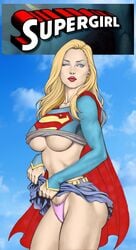 1girls 2021 blonde_hair blue_eyes carlos_braga dc dc_comics deviantart_link female female_only kara_danvers kara_zor-el light-skinned_female long_hair looking_at_viewer no_bra no_bra_under_clothes one_eye_closed panties pink_panties pinup red_lipstick skirt_lift solo solo_female supergirl superman_(series) svetoslawa underboob wink winking