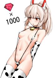 animal_print arms_behind_back ayanami_(azur_lane) azur_lane bangs bare_shoulders bell blonde_hair blush breasts breasts_apart cameltoe choker collarbone commentary covered_nipples cow_print cowbell elbow_gloves female female gloves hajime_(wkpz8247) highres medium_breasts medium_hair open_mouth ponytail red_eyes sidelocks simple_background slingshot_swimsuit solo swimsuit thighhighs white_background