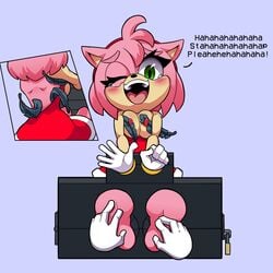 amy_rose anthro blush bound exposed_breasts feathers femsub laugh no_toes one_eye_closed sonic_(series) squished_breasts stocks tadashibaka tears text tickle_fetish tickle_torture tickling torn_clothes torn_dress