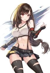 arm_guards belt black_hair black_legwear black_skirt breasts brown_hair cameltoe female female final_fantasy final_fantasy_vii final_fantasy_vii_remake fingerless_gloves gloves hhama high_resolution large_breasts long_hair low-tied_long_hair microskirt navel one_eye_closed parted_hair pixiv_id_1128428 pleated_skirt ponytail red_eyes shirt shirt_lift shorts shorts_under_skirt simple_background skirt smile solo spats standing stomach suspenders tank_top thighhighs thighs tied_hair tifa_lockhart torn_clothes torn_legwear undershirt upskirt white_background