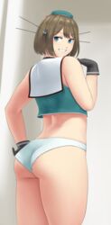 adjusting_clothes adjusting_panties ass beret big_ass blue_eyes brown_hair cowboy_shot female gloves grin hat highres kantai_collection large_ass lvl_(sentrythe2310) maya_(kantai_collection) no_pants panties remodel_(kantai_collection) sailor_collar short_hair smile solo standing thick_thighs underwear