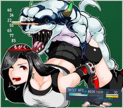 1boy 1girls against_floor ass bestiality black_hair breasts_against_floor censored censored_penis damage_numbers defeat defeated defeated_heroine doggy_style earrings endured_face final_fantasy final_fantasy_vii health_bar hman hp_bar huge_breasts interspecies japanese japanese_text large_ass long_hair looking_back monster one_eye_closed open_mouth paralyzed penetration rape red_eyes saliva saliva_trail sex simple_background sweat sweatdrop tifa_lockhart torn_clothes torn_clothing vaginal_penetration vaginal_sex video_games zoophilia