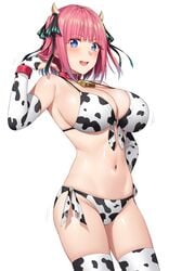 1girls big_breasts blue_eyes blush breasts cow_bikini cow_ears cow_horns cow_print eye_contact female go-toubun_no_hanayome hair_ribbon looking_at_viewer nakano_nino short_hair solo standing thick_thighs thighhighs thighs white_background yakimi_27