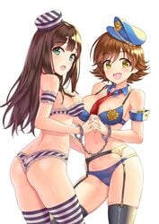 2girls armband ass badge black_garter_belt black_garter_straps black_thighhighs blue_stripes blush bra breasts brown_eyebrows brown_eyelashes brown_hair cowboy_shot cuffs detached_collar duplicate eyebrows_visible_through_hair female female_ass garter_belt garter_straps green_eyes hair_between_eyes handcuffs hat hhama high_resolution holding_hands honda_mio idolmaster idolmaster_cinderella_girls large_breasts lingerie long_hair looking_at_viewer medium_breasts multiple_girls navel necktie open_mouth pantsu police police_hat police_uniform policewoman prison_clothes prisoner raised_eyebrows red_necktie restraints shibuya_rin short_hair simple_background skindentation smile strapless_bra striped striped_bra striped_panties striped_underwear thighhighs thong_panties underwear uniform white_background white_stripes yellow_eyes