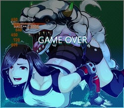 1boy 1girls against_floor ahe_gao ass bestiality black_hair breasts_against_floor censored censored_penis corruption cum cum_in_pussy cum_inside cum_on_ass cum_on_floor damage_numbers defeat defeated defeated_heroine doggy_style earrings empty_eyes final_fantasy final_fantasy_vii game_over health_bar hman hp_bar huge_breasts interspecies japanese japanese_text large_ass long_hair mind_break monster paralyzed penetration rape red_eyes saliva saliva_trail semen sex simple_background smile sweat sweatdrop tifa_lockhart torn_clothes torn_clothing vaginal_penetration vaginal_sex video_games zoophilia