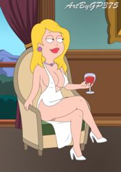 1girls accurate_art_style american_dad blonde_hair female female_only footwear francine_smith gp375 high_heels human indoors innie_pussy lipstick mother neckwear pale_skin pokies shaved_pussy sitting visible_pussy white_dress wine