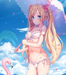 ahoge arm_ribbon asymmetrical_legwear bangs bare_shoulders beach bikini bird blonde_hair blue_eyes blue_sky blush breasts choker clavicle cleavage clothing cloud confetti cowboy_shot day eyebrows_visible_through_hair female flower frilled_bikini frilled_swimsuit frills garter groin hair_flower hair_ornament high_resolution holding holding_umbrella komeshiro_kasu long_hair looking_at_viewer medium_breasts multi-strapped_bikini navel original ribbon side-tie_bikini sidelocks single_thighhigh sky solo standing stomach striped striped_legwear swimsuit thighhighs tied_hair tree twintails umbrella very_long_hair white_bikini white_swimsuit