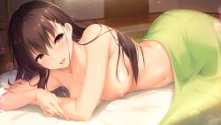 :d bangs blush boku_no_mirai_wa_koi_to_kakin_to breasts brown_hair collarbone completely_nude eyebrows_visible_through_hair female female futon game_cg hair_between_eyes highres indoors large_breasts lens_flare long_hair lying navel nipples nironiro nude on_stomach open_mouth red_eyes shiny shiny_hair smile solo straight_hair under_covers very_long_hair wataya_azusa