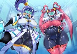 2girls angelan big_breasts breasts cum cum_everywhere cum_on_belly cum_on_breasts fei-yen female female_only large_breasts pochincoff pregnant pregnant_robot robot thick_thighs virtual_on wide_hips