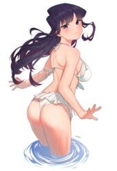 1girls ass back big_breasts black_hair blush bra breasts female female_only frills highres jebi komi-san_wa_komyushou_desu komi_shouko long_hair looking_at_viewer looking_back panties purple_eyes slight_blush solo standing swimsuit water wet white_swimsuit