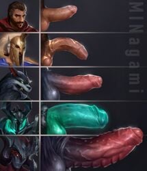 5boys aatrox anthro armor balls bara beard big_balls big_penis blue_fur blue_penis brown_eyes brown_hair canine chart cock_ring comparing comparing_penis curved_penis demon demon_horns foreskin fully_retracted_foreskin fur genitalwear ghost glowing_eyes glowing_genitalia glowing_penis graves_(league_of_legends) green_penis grey_skin helmet horns huge_balls huge_cock humanoid_penis interspecies league_of_legends male male_only mintwo mordekaiser moustache multiple_boys multiple_penises pantheon penis penis_out penis_size_chart penis_size_comparison penis_size_comparison_meme penis_size_difference penis_tattoo pubes pubic_hair red_body red_penis red_skin retracted_foreskin riot_games simple_background size_chart size_comparison size_difference spiked_penis spikes sweat sweaty sweaty_balls tattoo tattoo_on_penis thick_penis uncircumcised uncut veiny_penis warwick yaoi